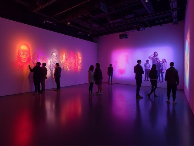 Contemporary art gallery illuminated with interactive sound mapping installations