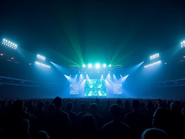 Nighttime stadium event with advanced sound mapping and lighting