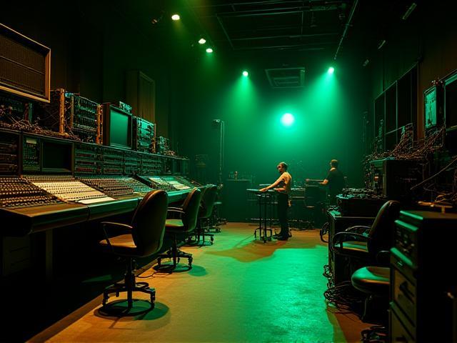 Modern theatre backstage with sound control systems and stage setups